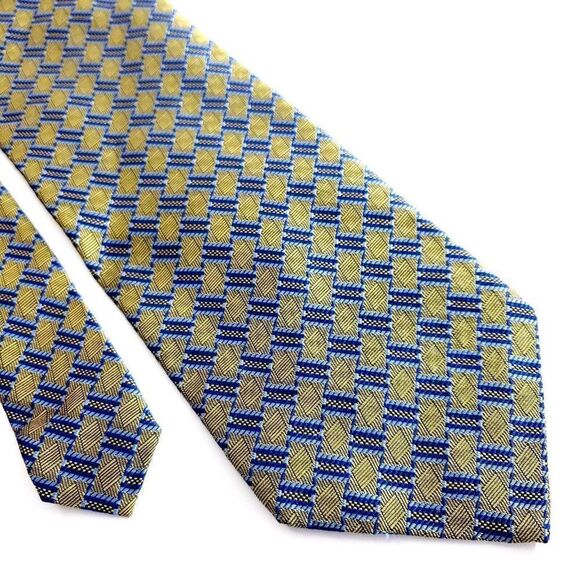 Jos A Bank Blue Yellow Woven Geometric Long Silk Tie - Picture 1 of 6